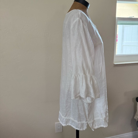 Tahari 100% Linen Tunic Top White Pom Pom Trim V-Neck Beach Minimalist Boho 2X​ - Picture 3 of 7